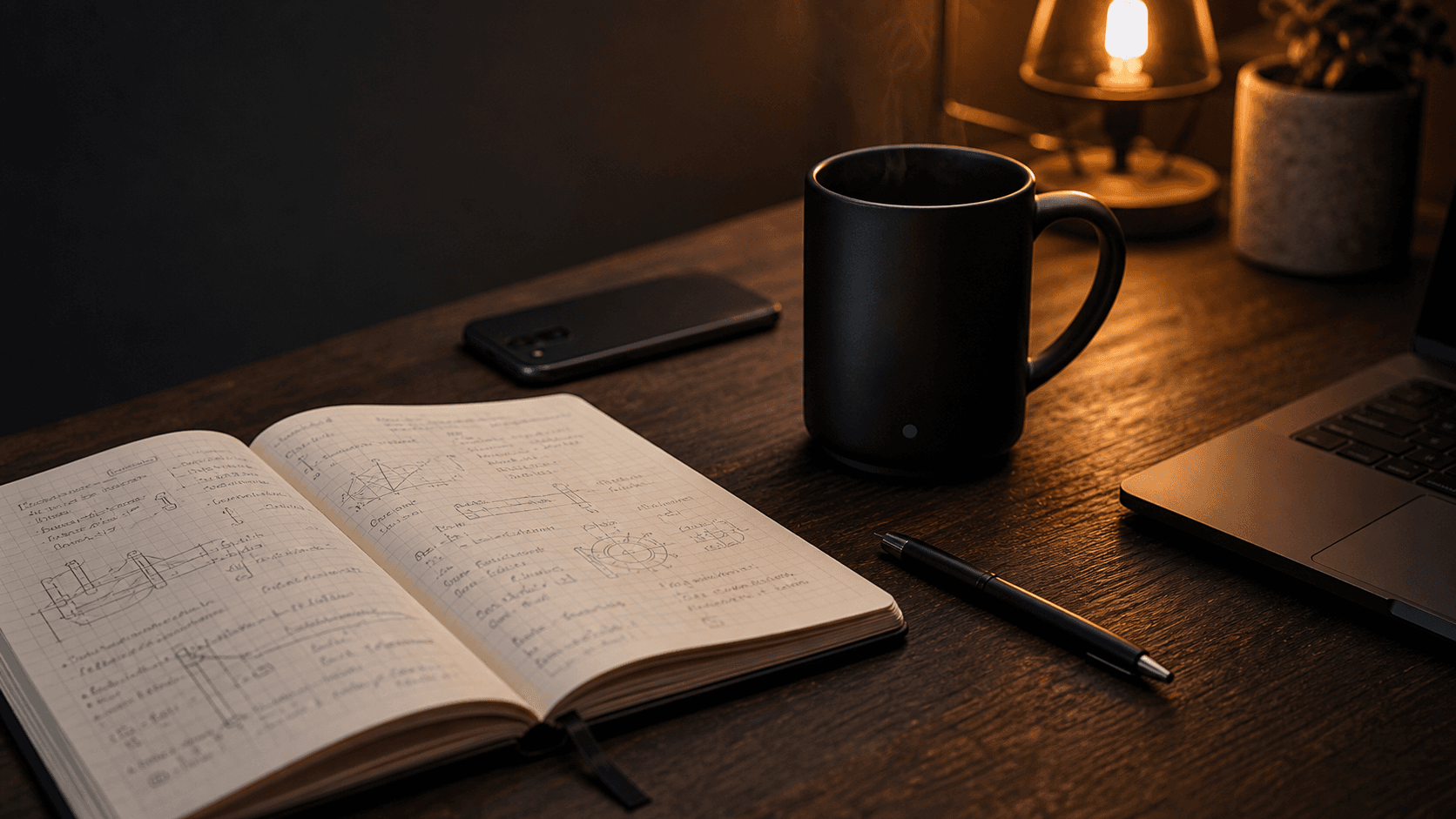 Notebook, coffee, and a laptop at a warm workspace