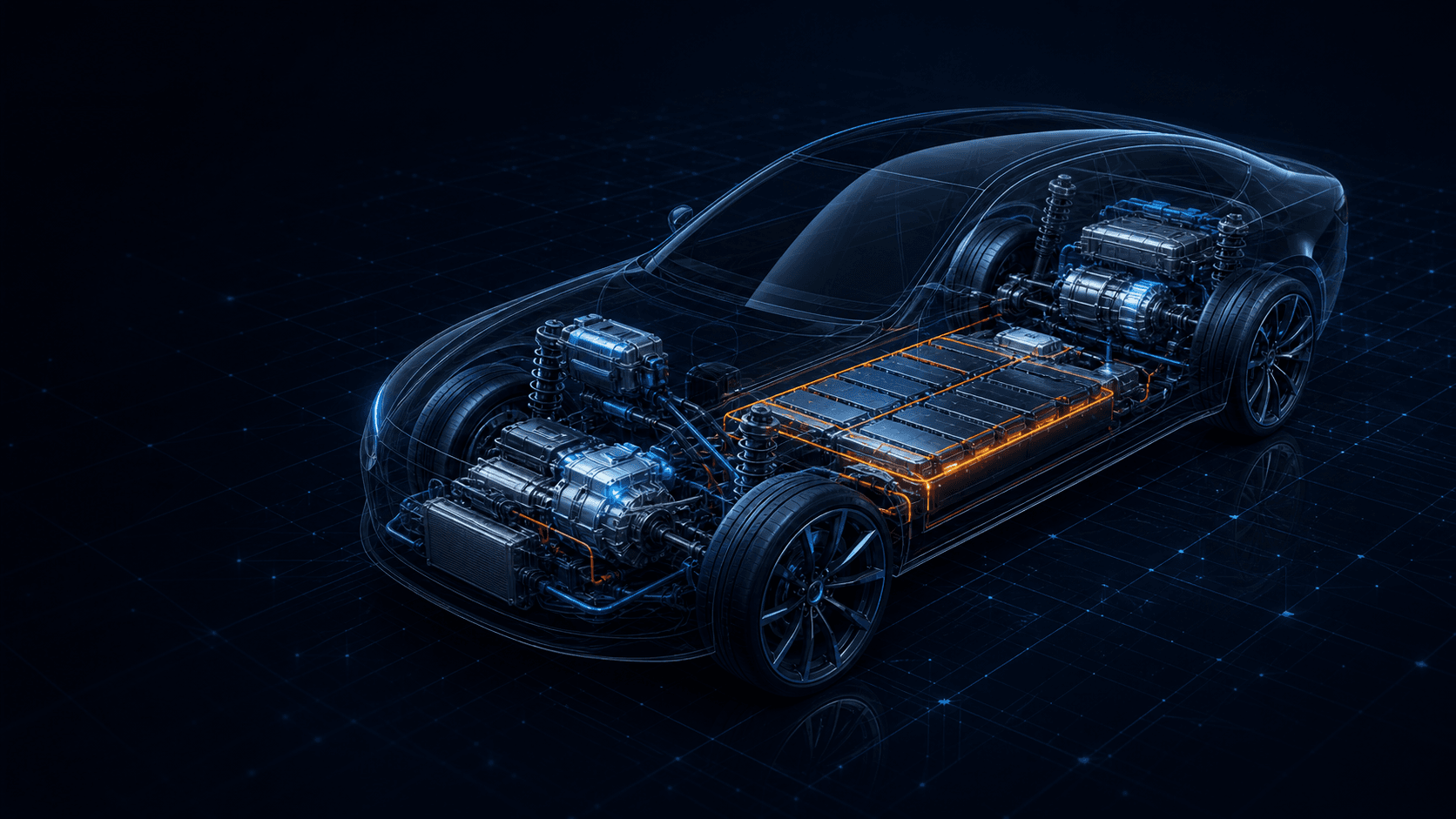 Technical cutaway rendering of a hybrid vehicle and powertrain