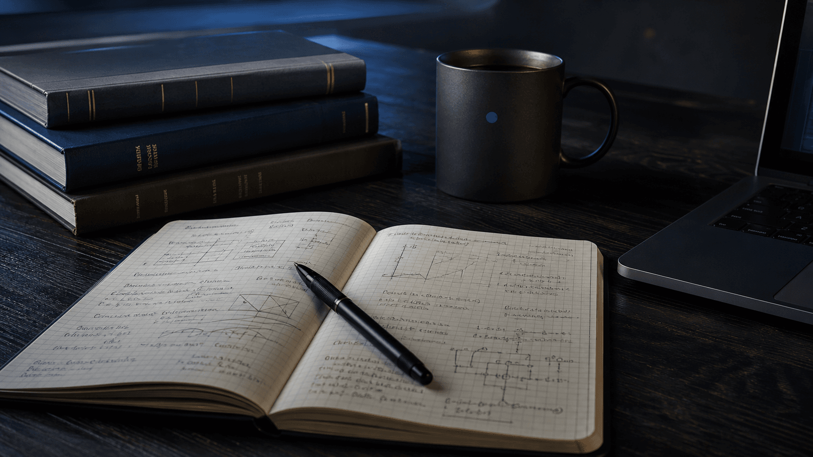 Notebook, books, and a laptop on an engineering writing desk